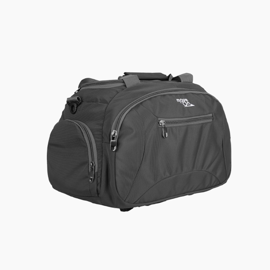 Black duffel bag with multiple zippers on a white background -Grey