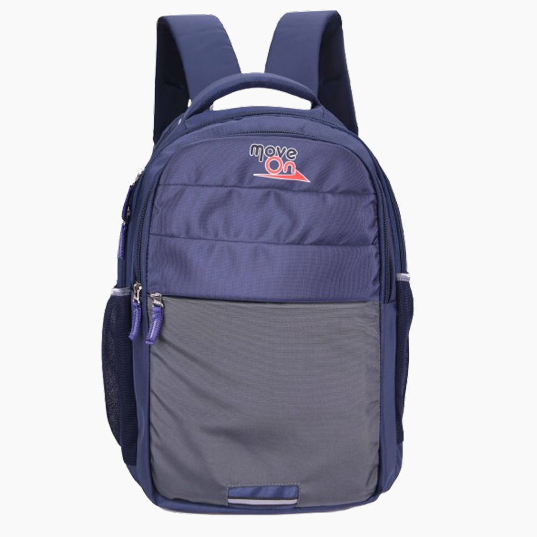 Blue and gray backpack with 'move on' logo on a white background -Navy
