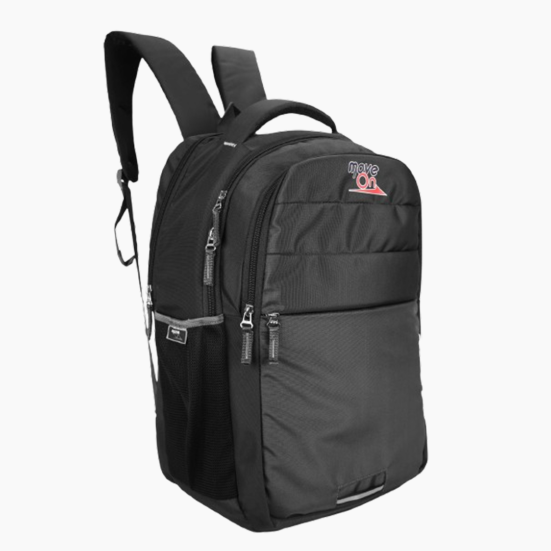 Black backpack with a visible brand logo on a white background -Black