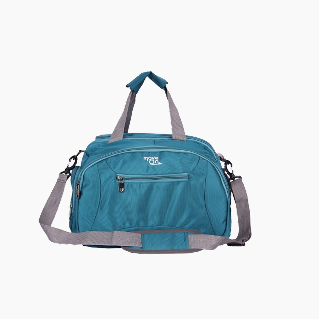 Blue duffel bag with gray straps on a white background -Blue