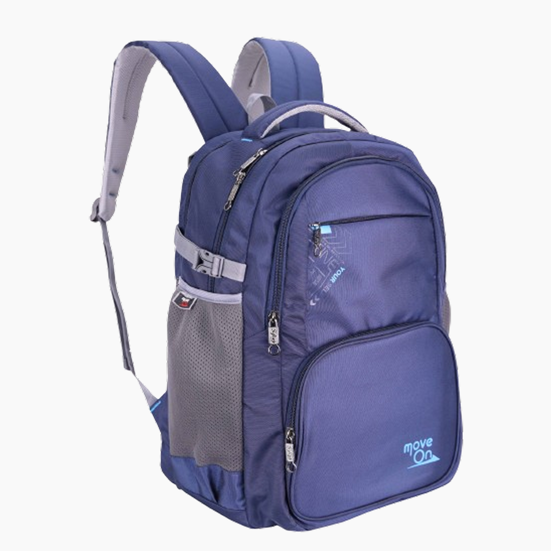 Blue backpack with gray accents on a white background -Blue