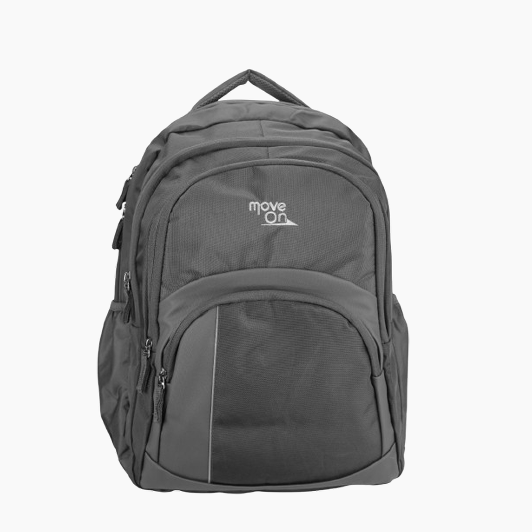 Gray backpack with 'move on' logo on a white background -Gray