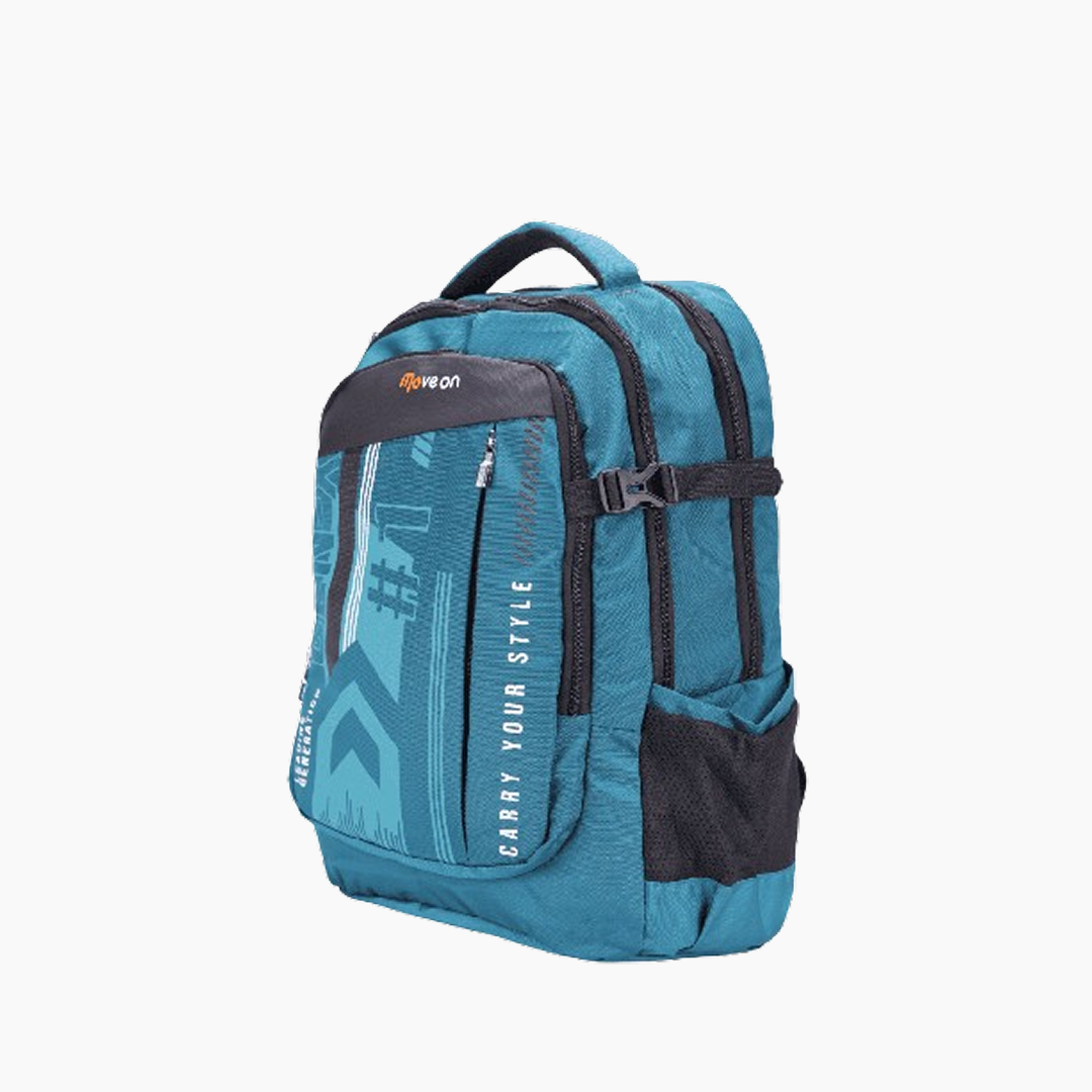 Blue backpack with black accents on a white background -Teal