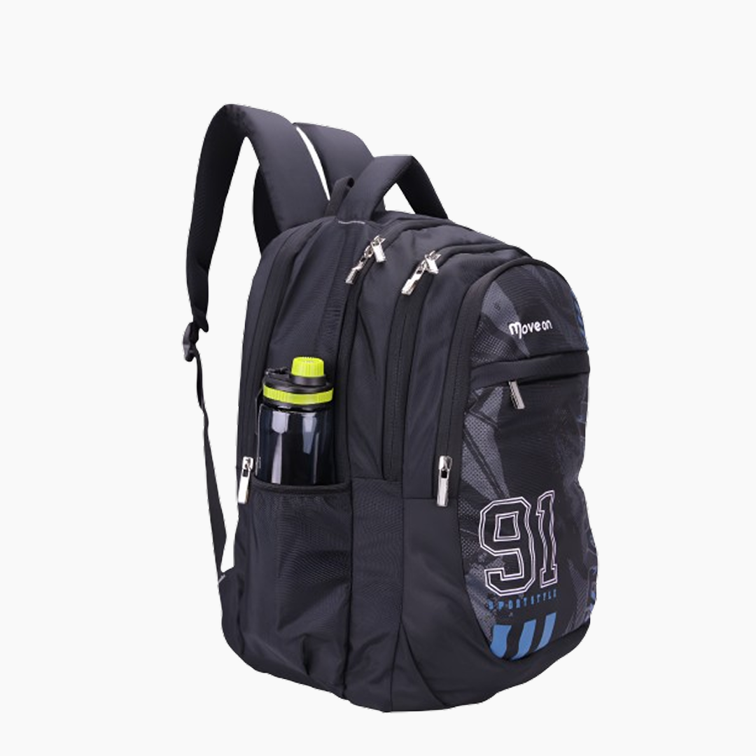 Black backpack with visible branding on a white background -Black