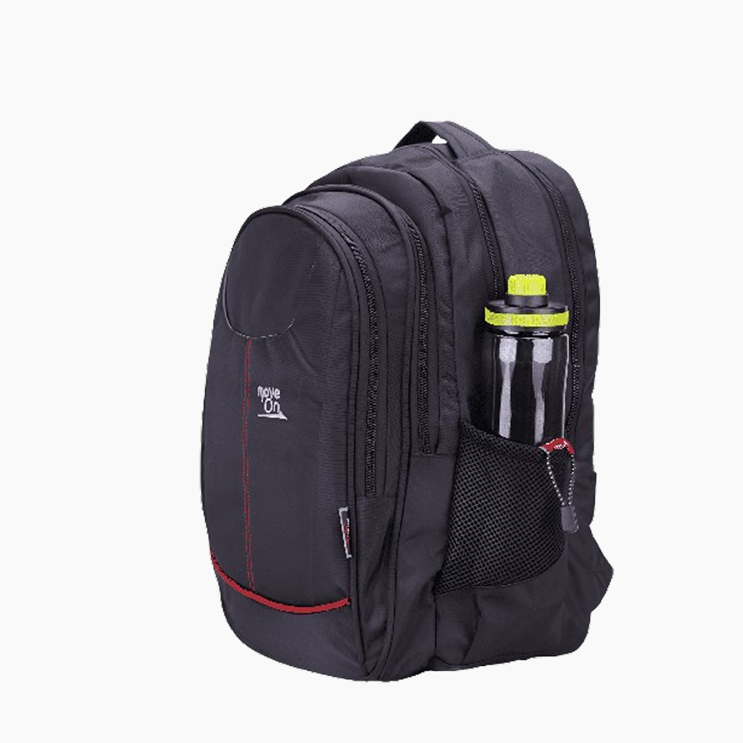 Black backpack with a water bottle in a pocket on a white background -Black