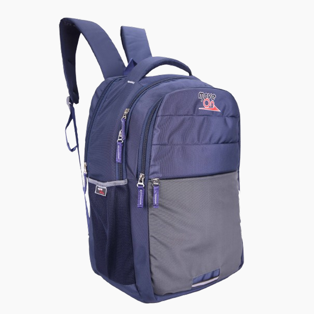 Blue and gray backpack with a visible brand logo on a white background -Navy