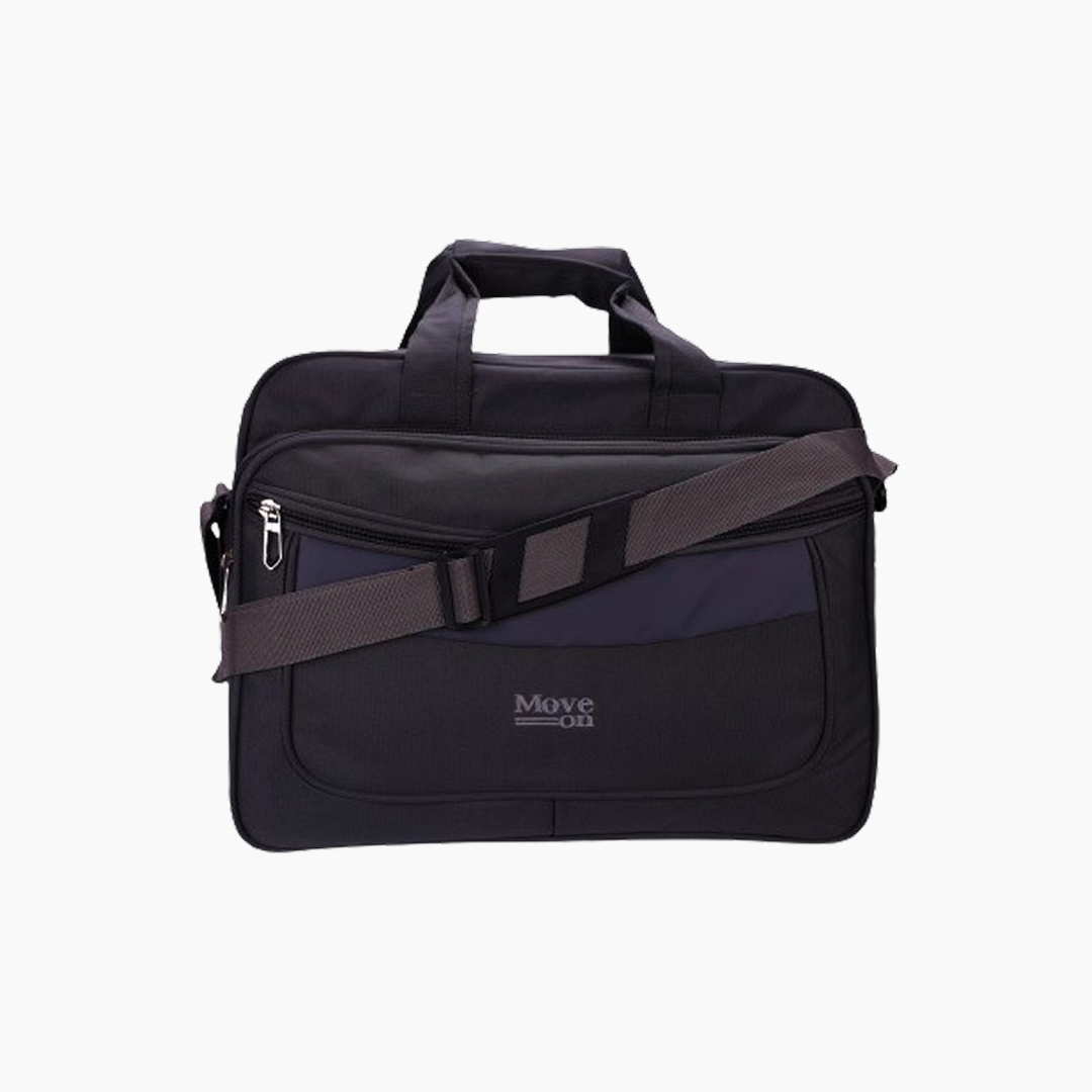 Black briefcase with a brown strap on a white background -Black