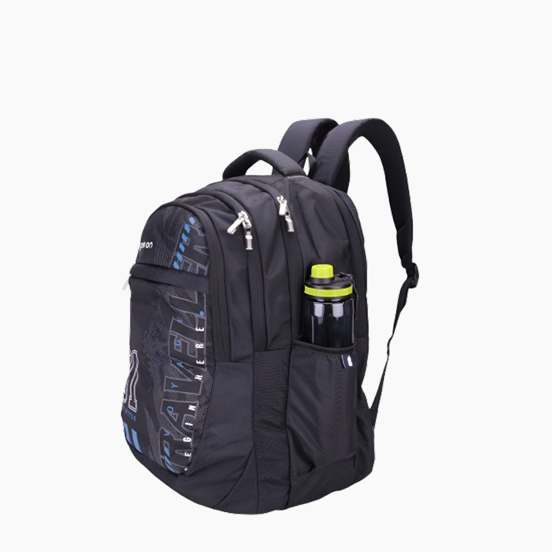 Black backpack with a water bottle in pocket on a white background -Black