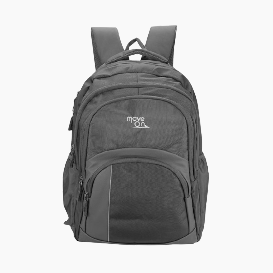 Gray backpack with 'move on' logo on a white background -Gray