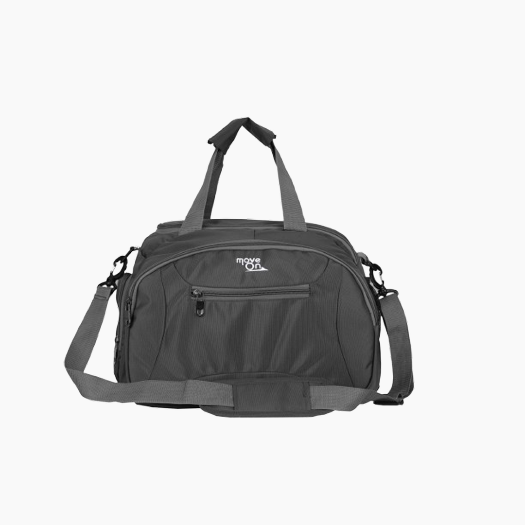 Gray duffel bag with 'move on' logo on a white background -Grey