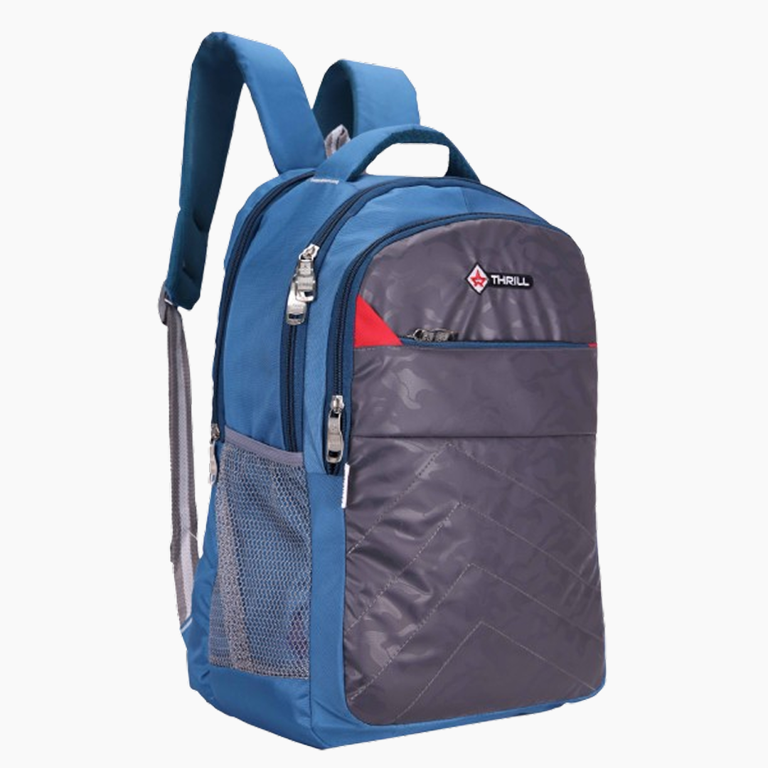 Blue and gray backpack with a red accent on a white background -Blue
