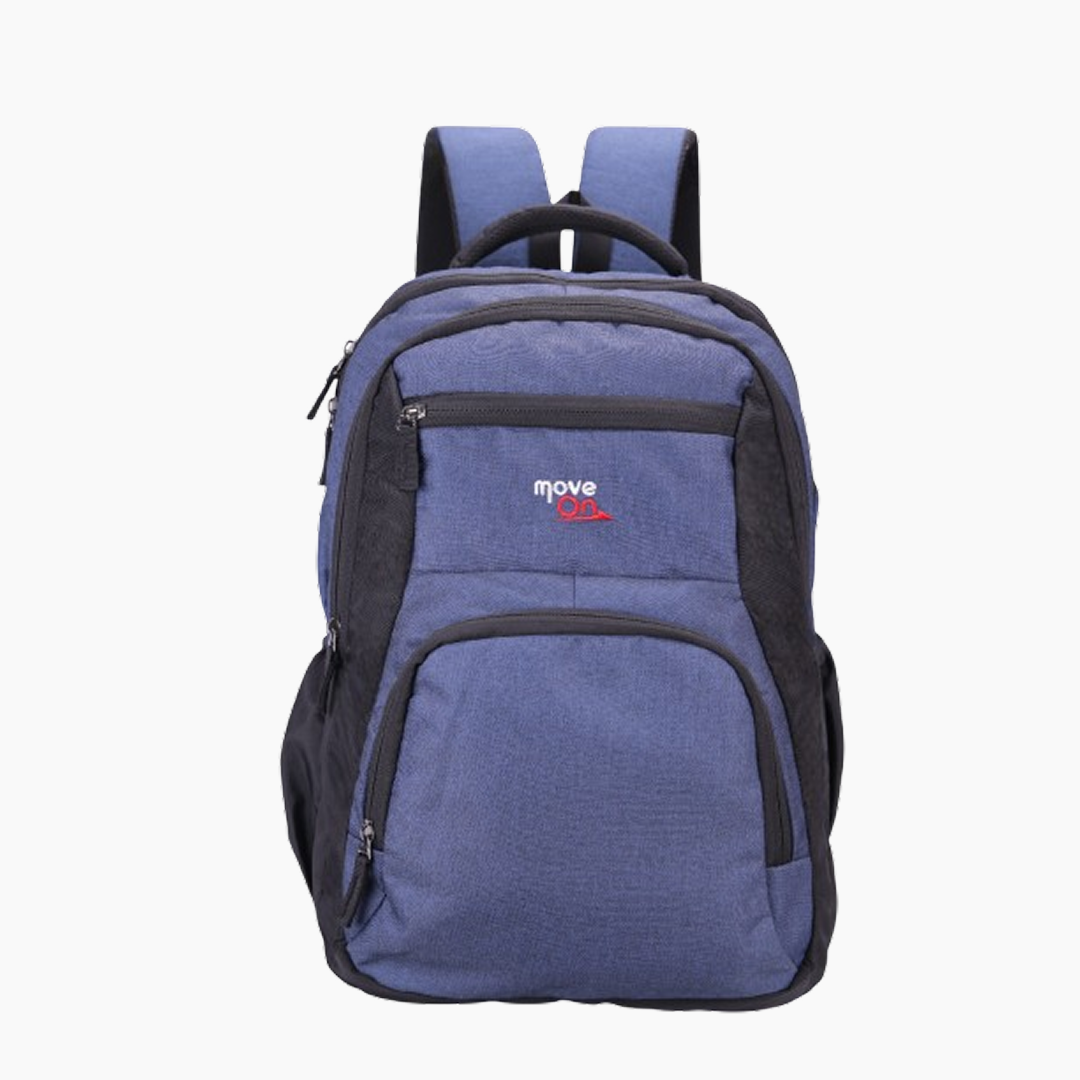 Blue backpack with black accents on a white background -Navy