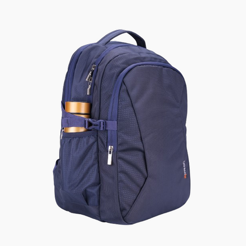 Navy blue backpack with a water bottle holder on a white background -Navy