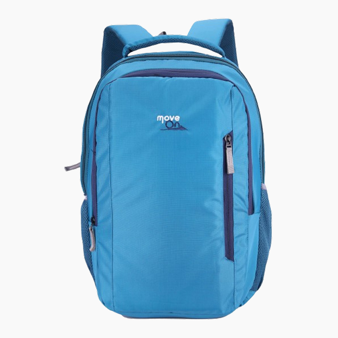 Blue backpack with 'move on' branding on a white background -Blue