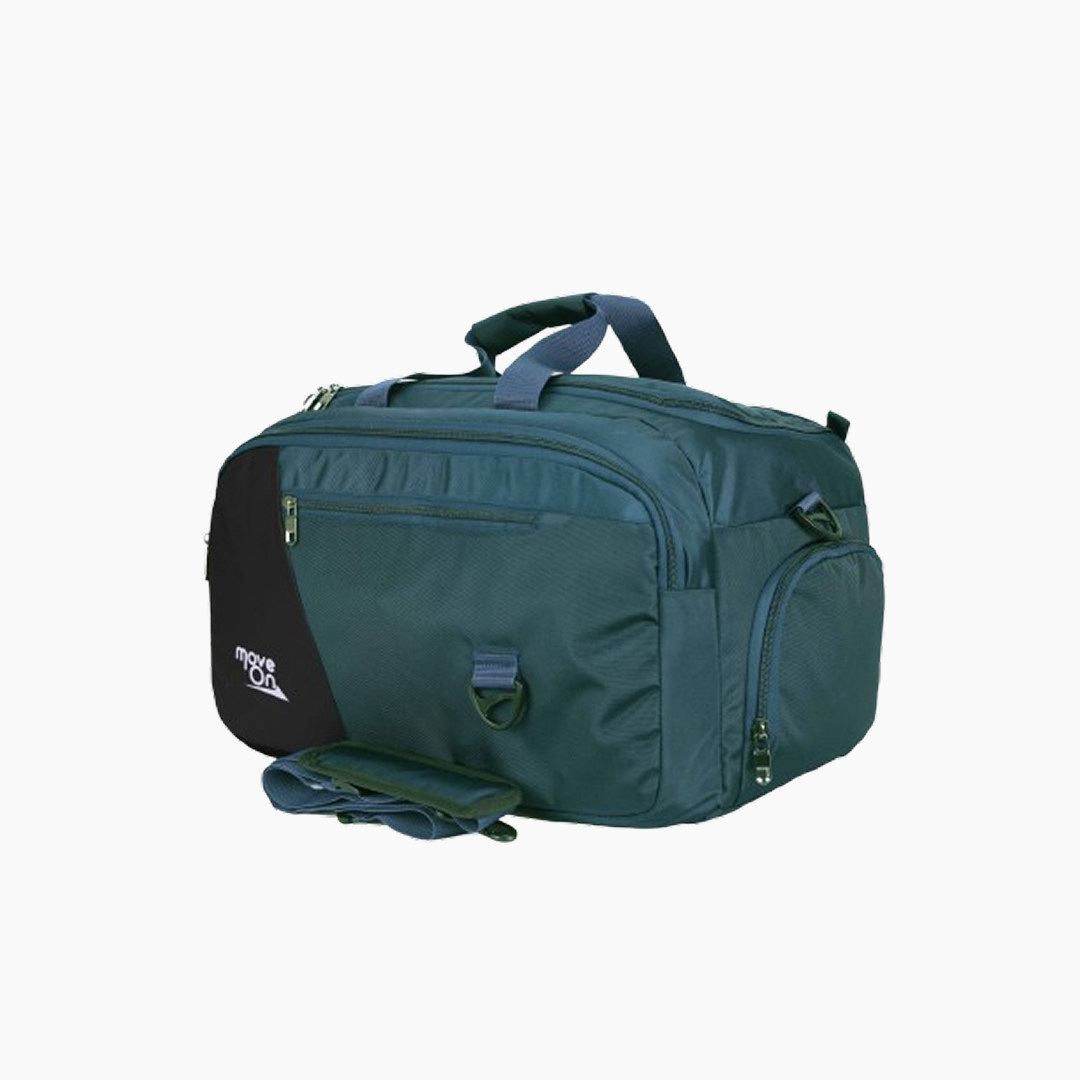 Green duffel bag with a visible brand logo on a white background -Green