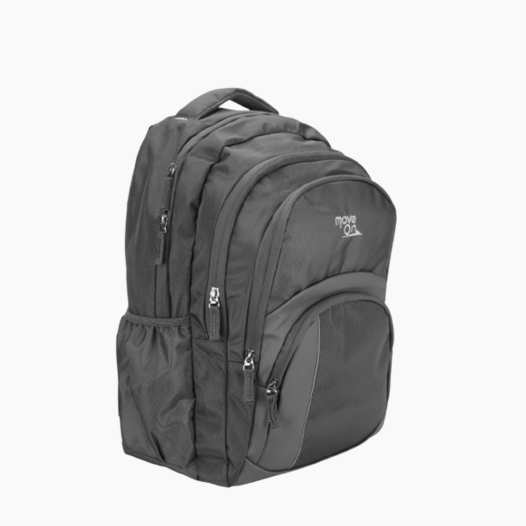 Gray backpack with a visible brand logo on a white background -Gray