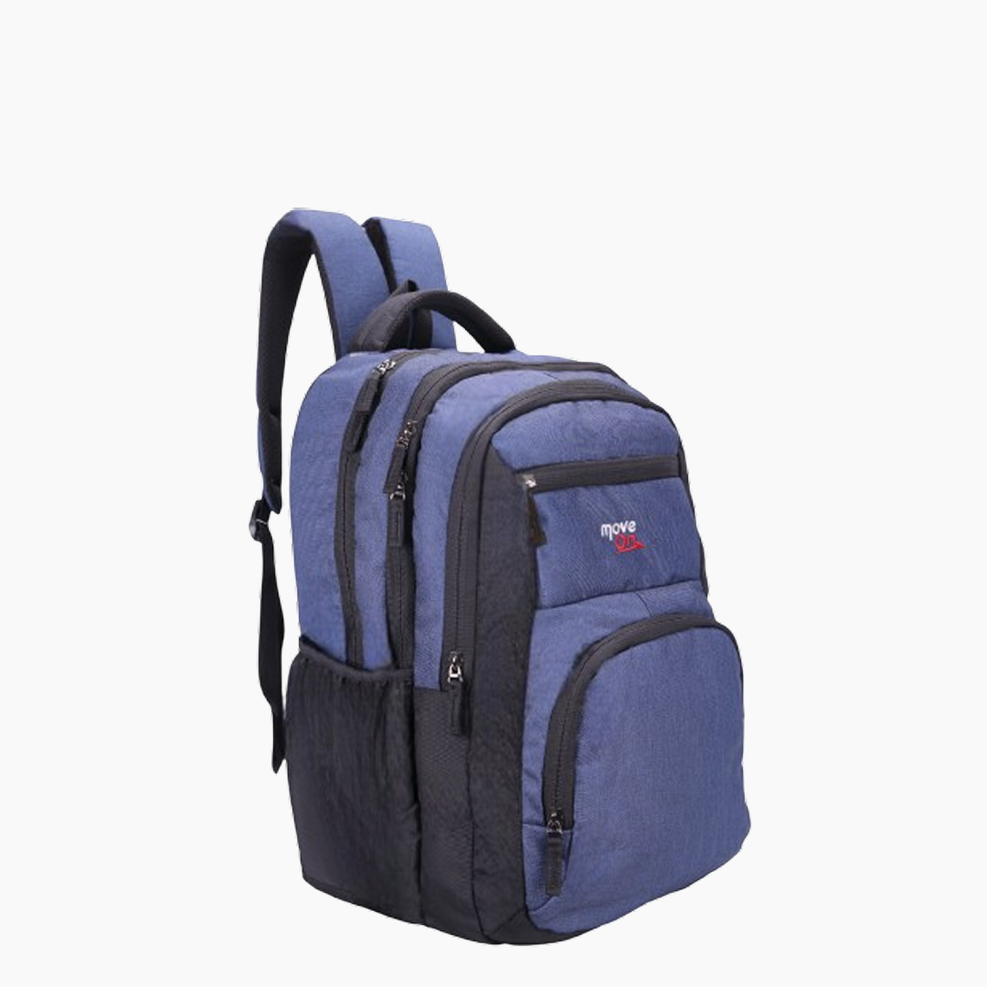 Blue and black backpack with a visible brand logo on a white background -Navy