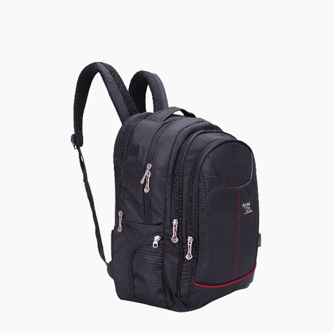 Black backpack with multiple zippers on a white background -Black