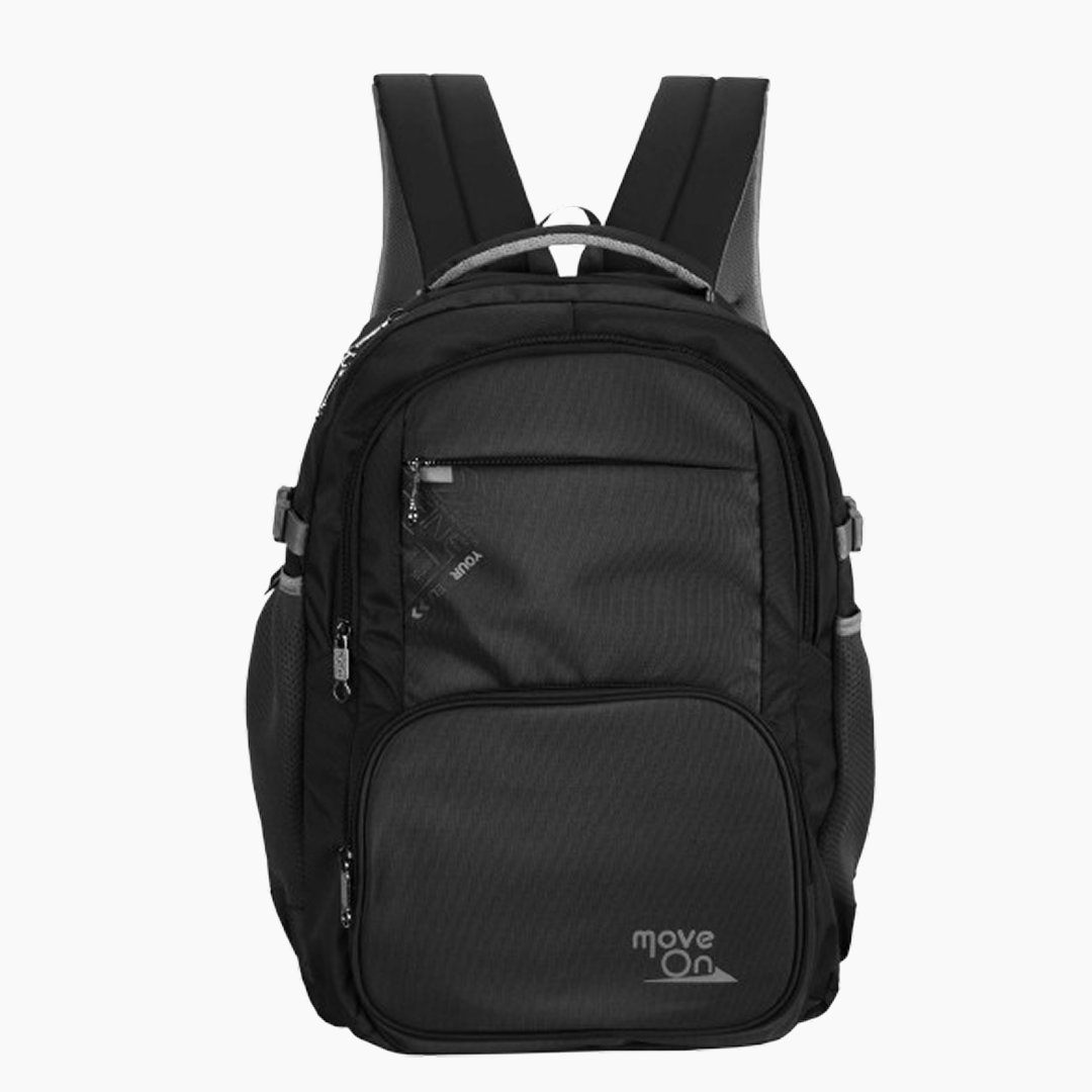 Black backpack with multiple pockets on a white background -Black