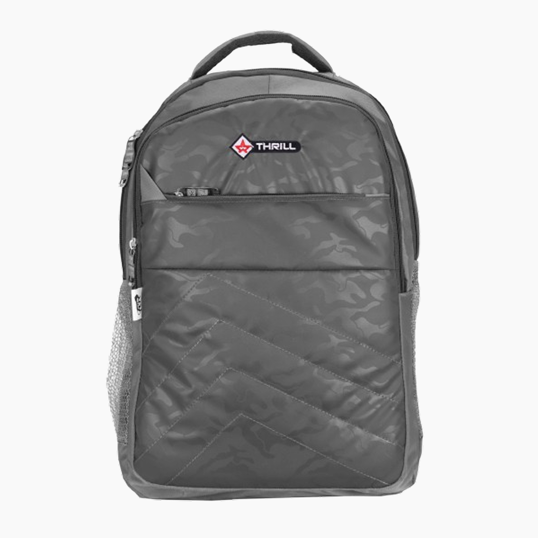 Gray backpack with a visible brand logo on a white background -Gray