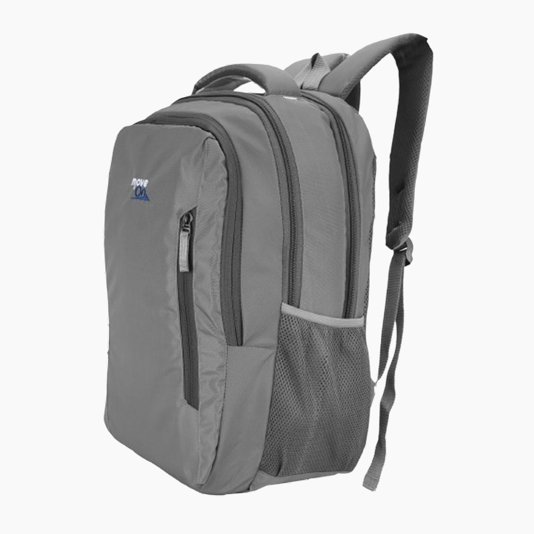 Gray backpack with a visible brand logo on a white background -Gray