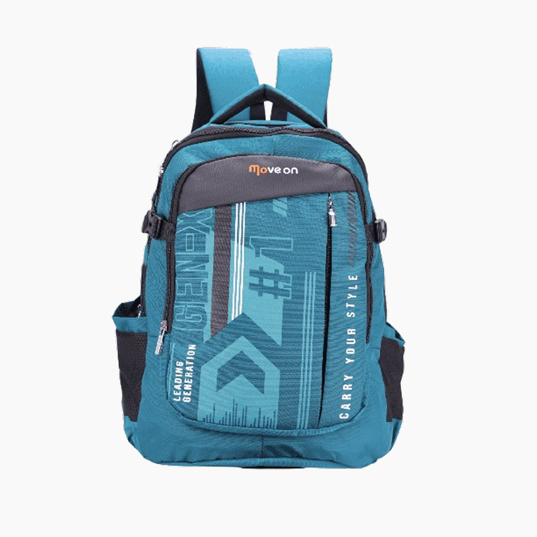 Blue backpack with black accents on a white background -Teal