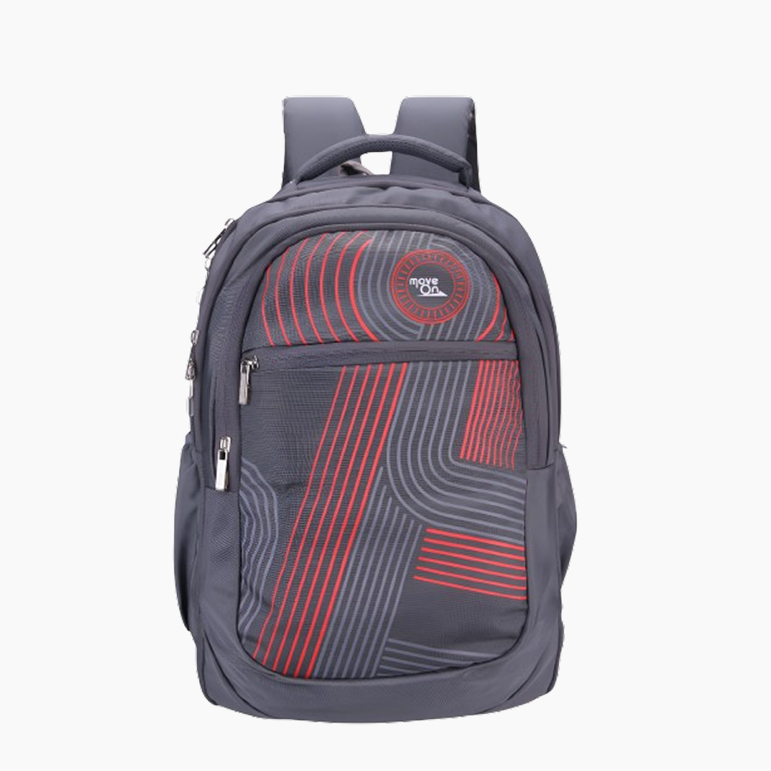 Gray backpack with red patterns on a white background -Grey