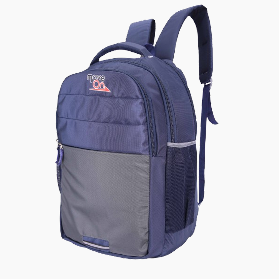 Navy and gray backpack with a visible brand logo on a white background -Navy