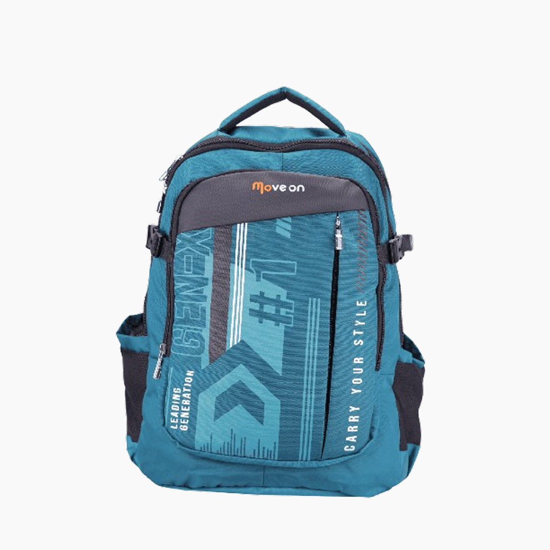 Blue backpack with branding on a white background -Teal