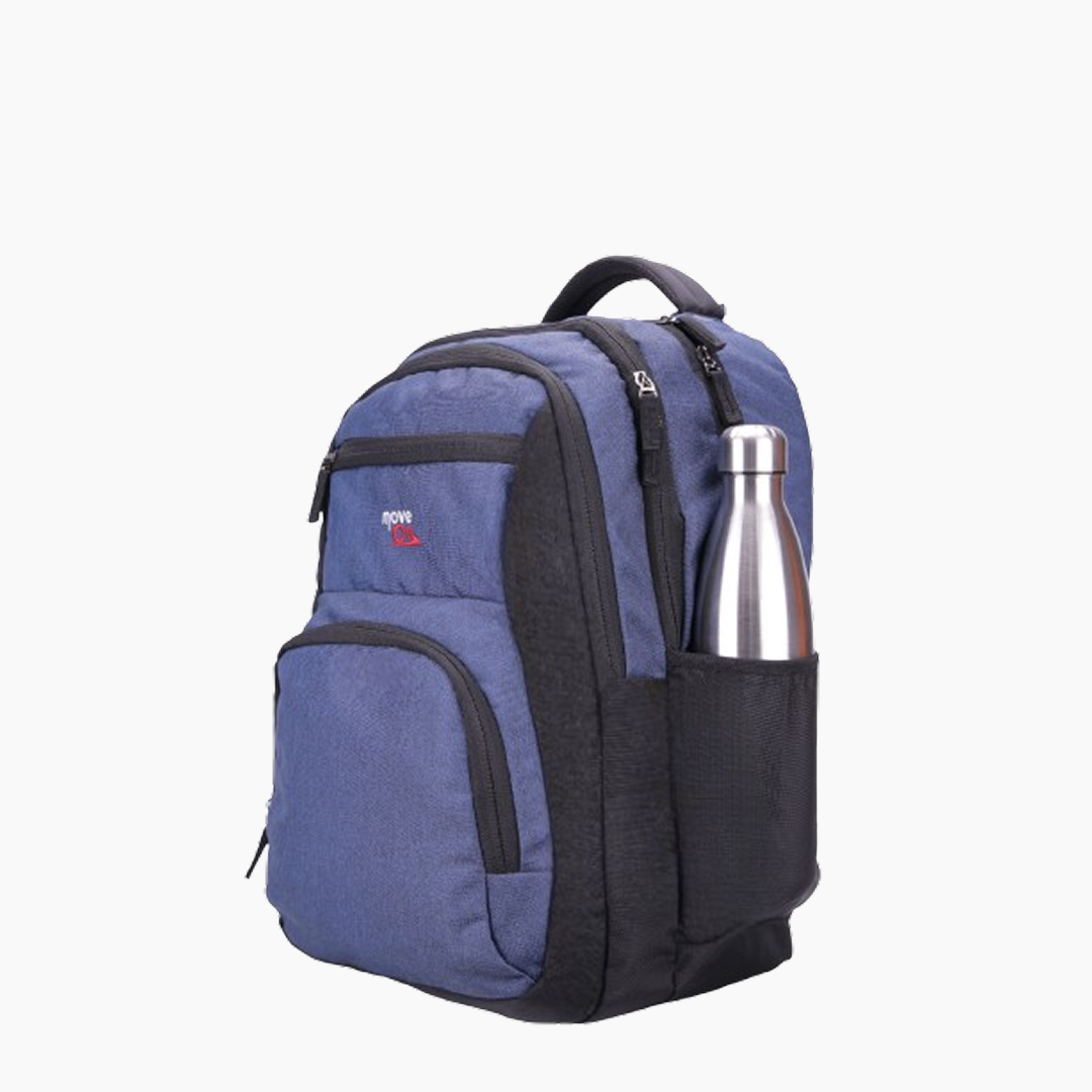Blue backpack with a black side pocket and a silver water bottle on a white background -Navy
