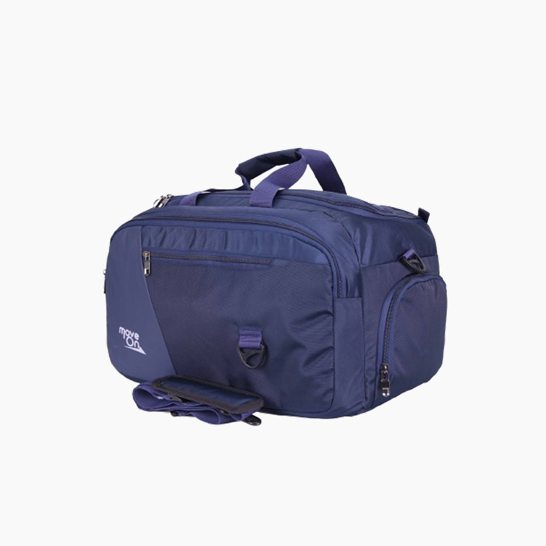 Blue duffel bag with visible brand logo on a white background -Blue