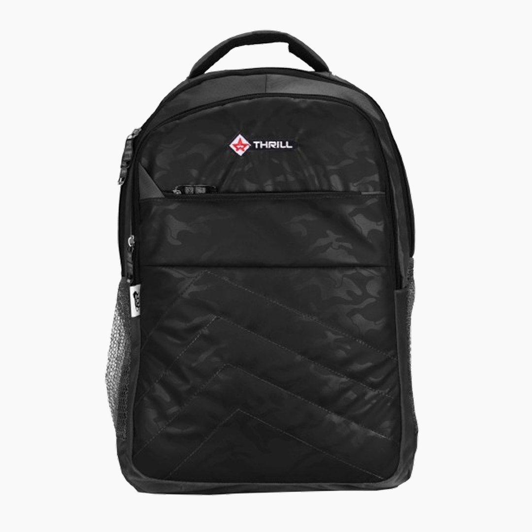 Black backpack with a visible brand logo on a white background -Black
