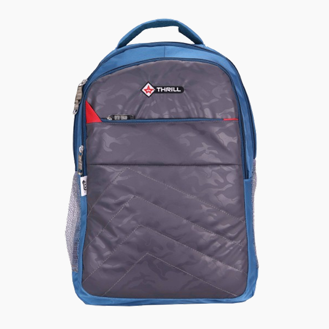 Gray backpack with blue accents and a visible brand logo on a white background -Blue