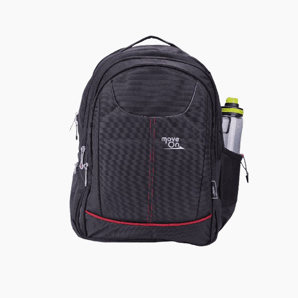 Black backpack with red accent and 'move on' branding on a white background -Black