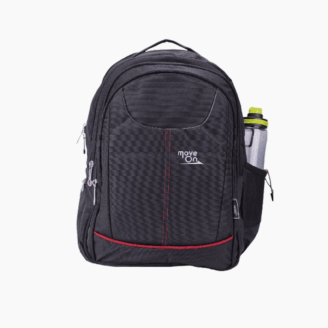 Black backpack with red accent and 'move on' branding on a white background -Black