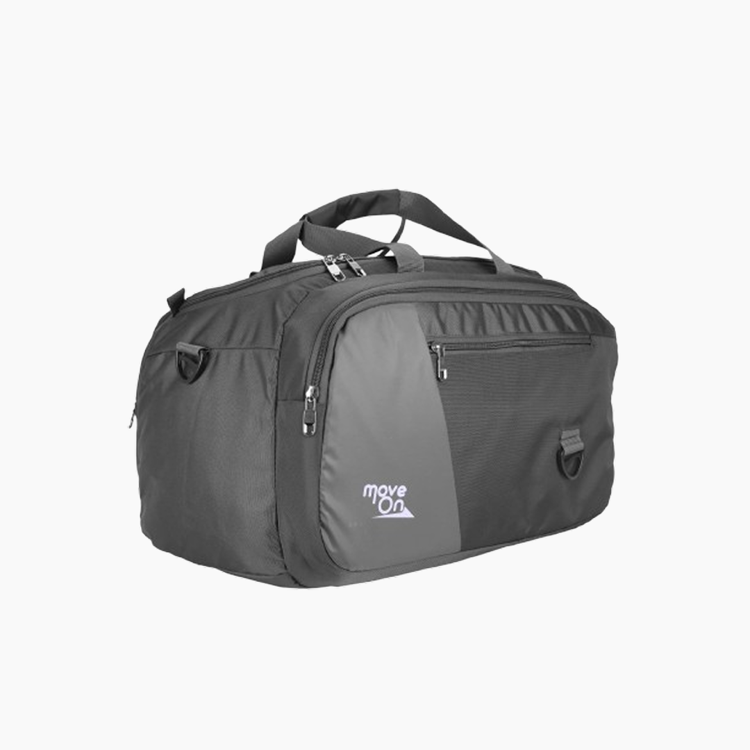 Gray duffel bag with 'moveOn' logo on a white background -Gray