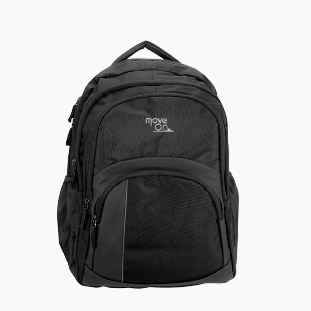 Black backpack with 'move on' logo on a white background -Black