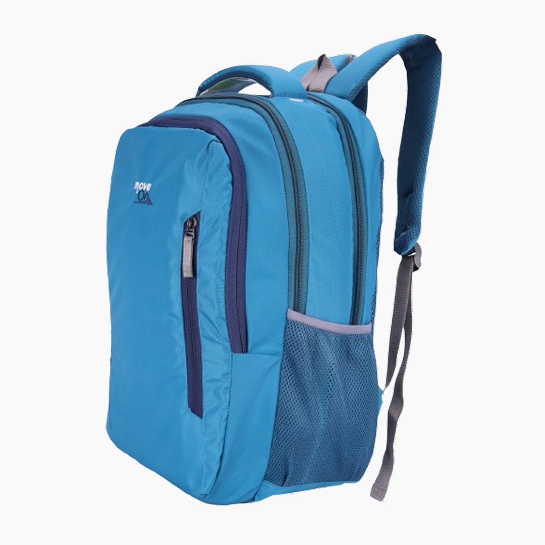 Blue backpack with gray accents on a white background -Blue