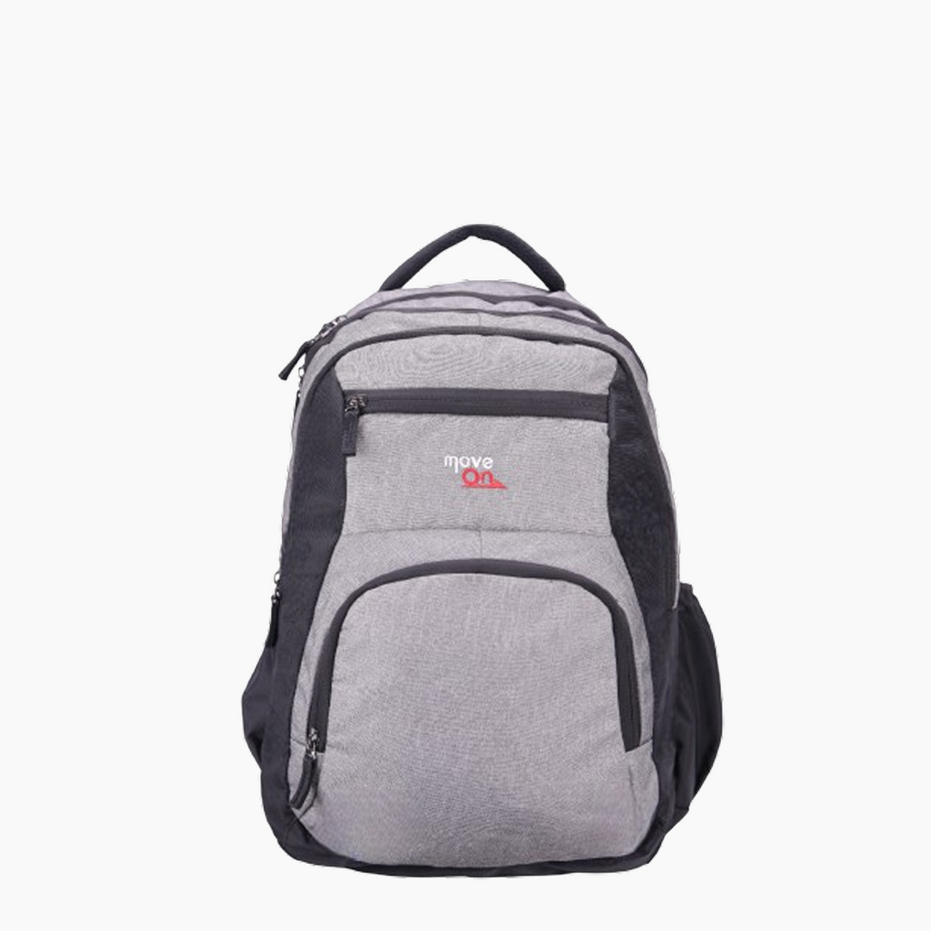 Gray backpack with a visible brand logo on a white background Off White